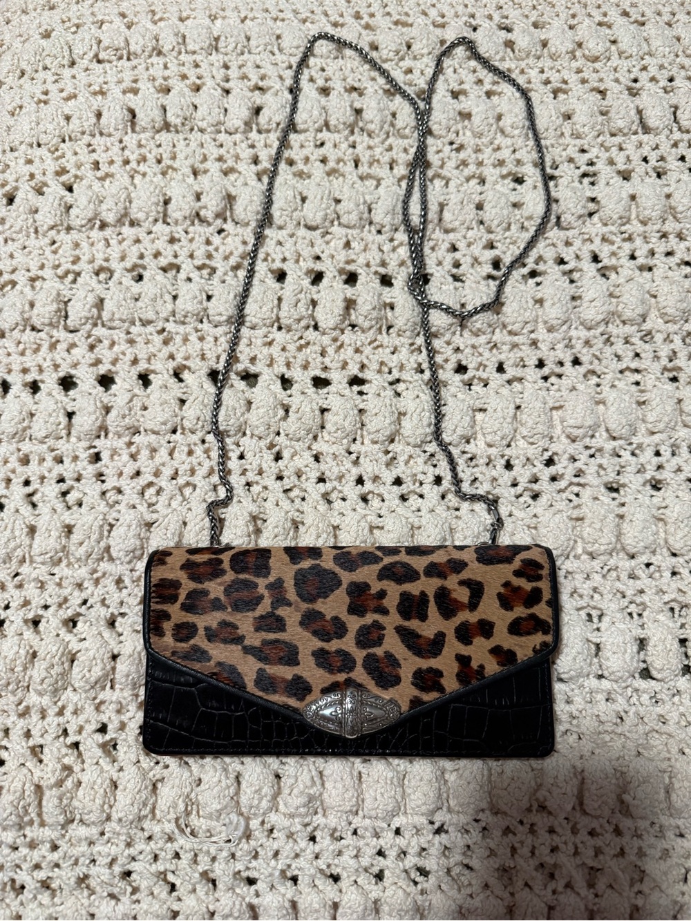 Brighton Leopard Print and Black Crossbody Bag with Chain Strap